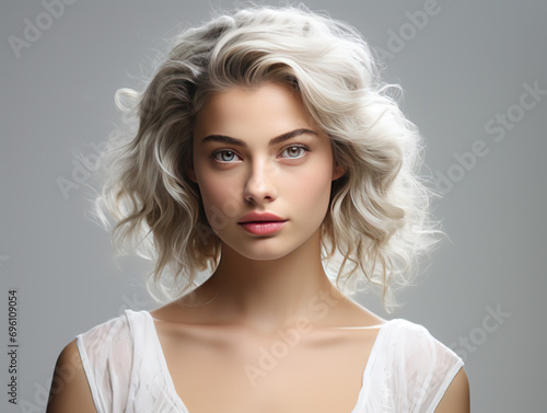 Portrait of a beautiful blond woman in white clothes