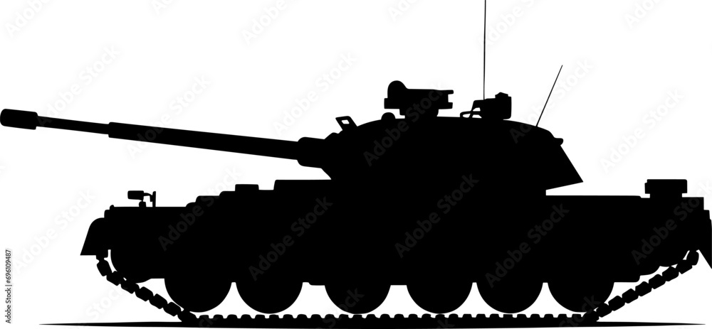 Silhouette of modern main battle tank. Side view. Flat vector. AI generated illustration.