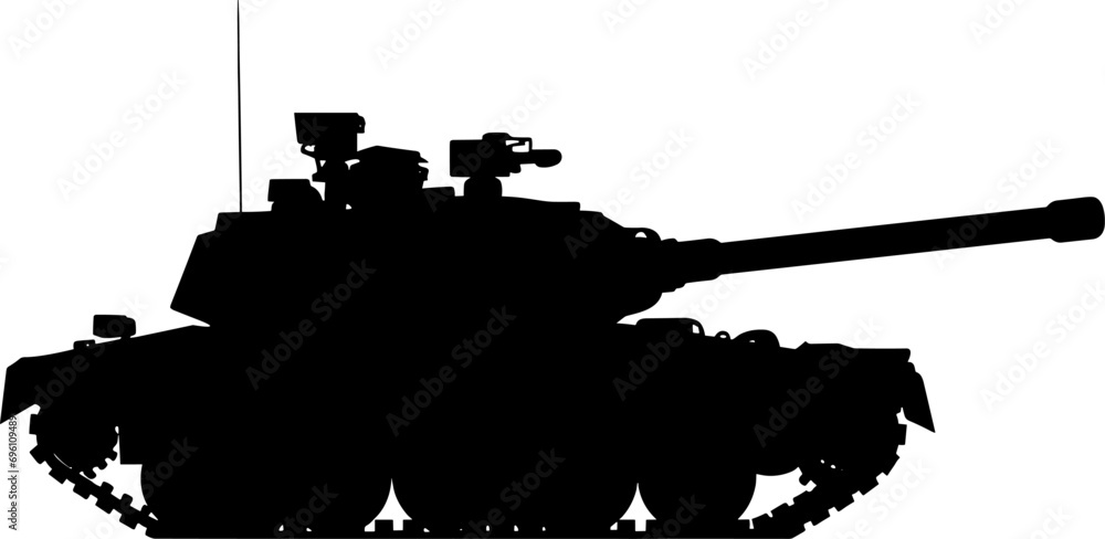 Silhouette of modern main battle tank. Side view. Flat vector. AI generated illustration.