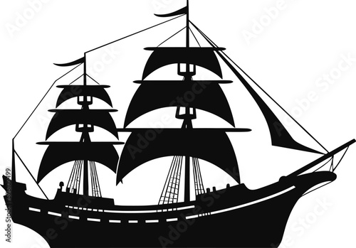 Brigantine boat sailing in sea waters isolated sailboat with fiberglass cloth and flags. Vector monochrome marine yacht. AI generated illustration.