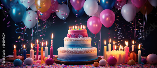 Birthday cake with candles and balloons