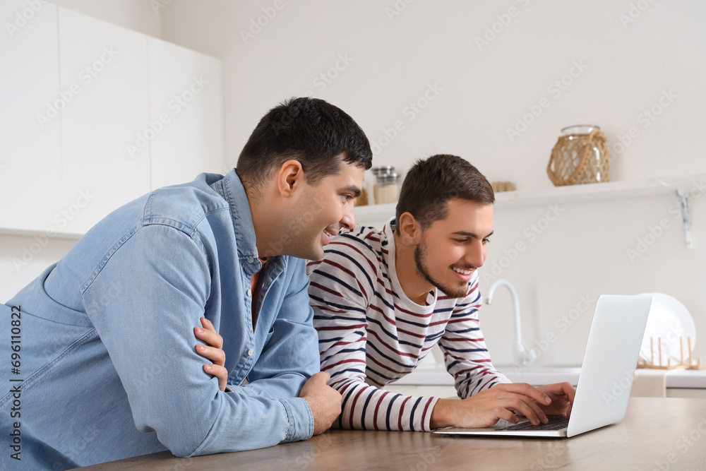 Handsome young brothers with laptop in kitchen Handsome young brothers with laptop in kitchen