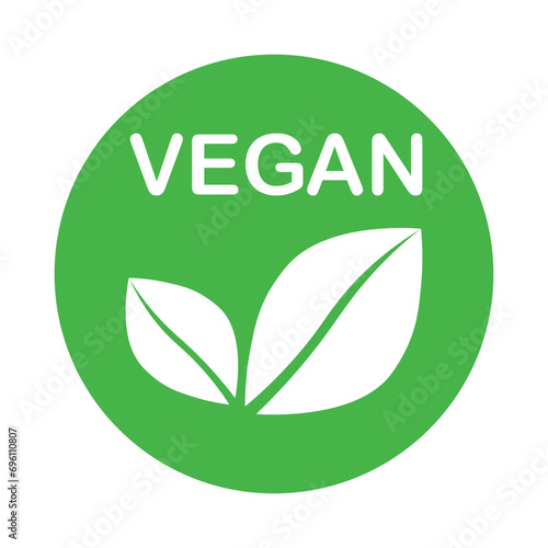 Vegan green vector icon. Organic, bio, eco symbol. Vegan, no meat, lactose free, healthy, fresh and nonviolent food. Round green vector illustration with leaves for stickers, labels, web and logos.