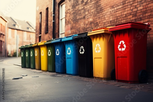 Rainbow recycling Bins in vivid colors create an eco friendly lineup photo