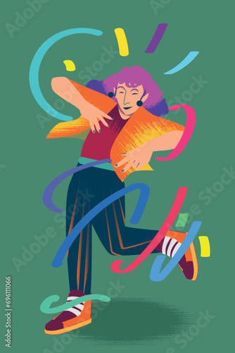 Mujer bailando con lineas de colores.