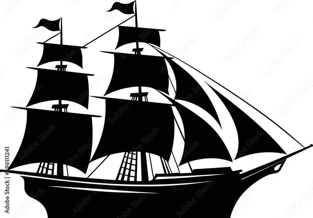 Pirate Ship, sailing ship under the black flag. Ship vector logo design template. sailboat or frigate icon. yacht. Silhouette. vector illustration. AI generated illustration. - obrazy, fototapety, plakaty 