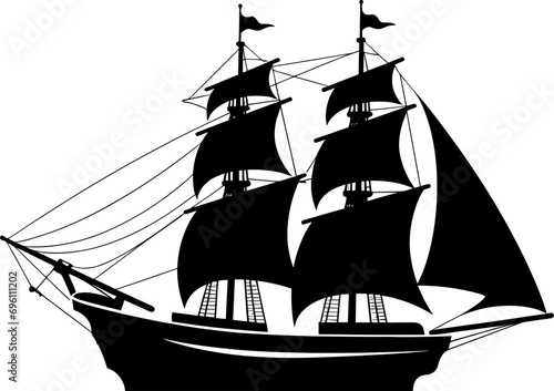 Pirate Ship, sailing ship under the black flag. Ship vector logo design template. sailboat or frigate icon. yacht. Silhouette. vector illustration. AI generated illustration.
