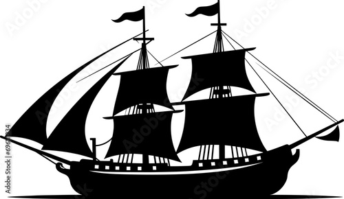Pirate Ship, sailing ship under the black flag. Ship vector logo design template. sailboat or frigate icon. yacht. Silhouette. vector illustration. AI generated illustration.