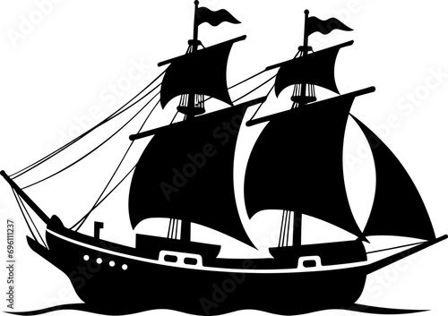 Pirate Ship, sailing ship under the black flag. Ship vector logo design template. sailboat or frigate icon. yacht. Silhouette. vector illustration. AI generated illustration.