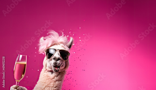 Funny Llama with Pink Hair and Sunglasses Toasting in Champagne, Pink Background, Copyspace