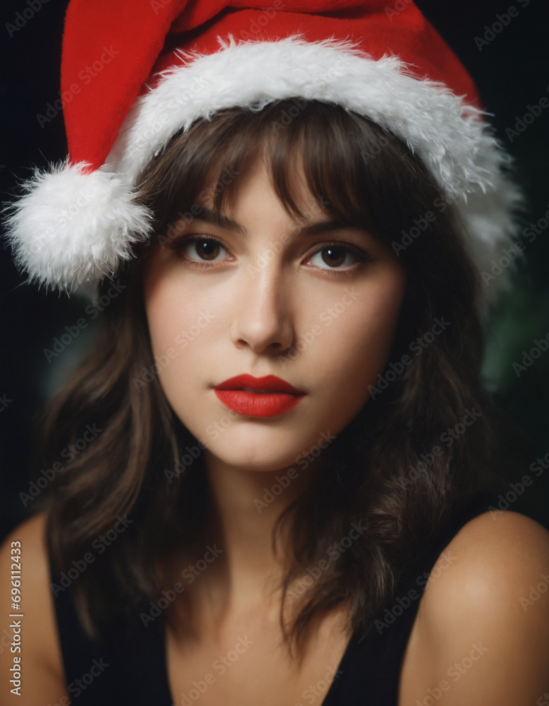 Woman with christmas hat and red lipstick on dark background Woman with christmas hat and red lipstick on dark background