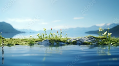 spring scene and Natural background, White podium on the water surface in the colorful flowers arch for product display advertising
