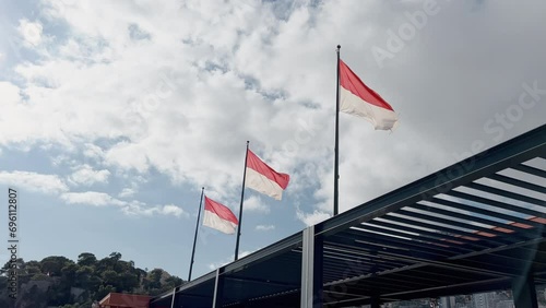 Flags of principality of Monaco in the wind at sunny weather, the port of Hercules photo