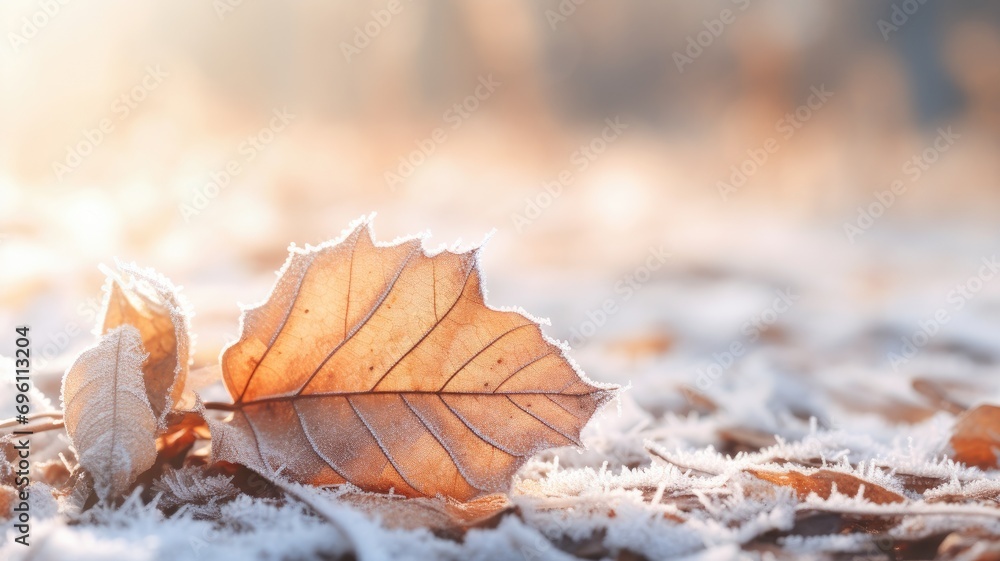 Frosted autumn leaf on a cold morning with sunlight - obrazy, fototapety, plakaty 