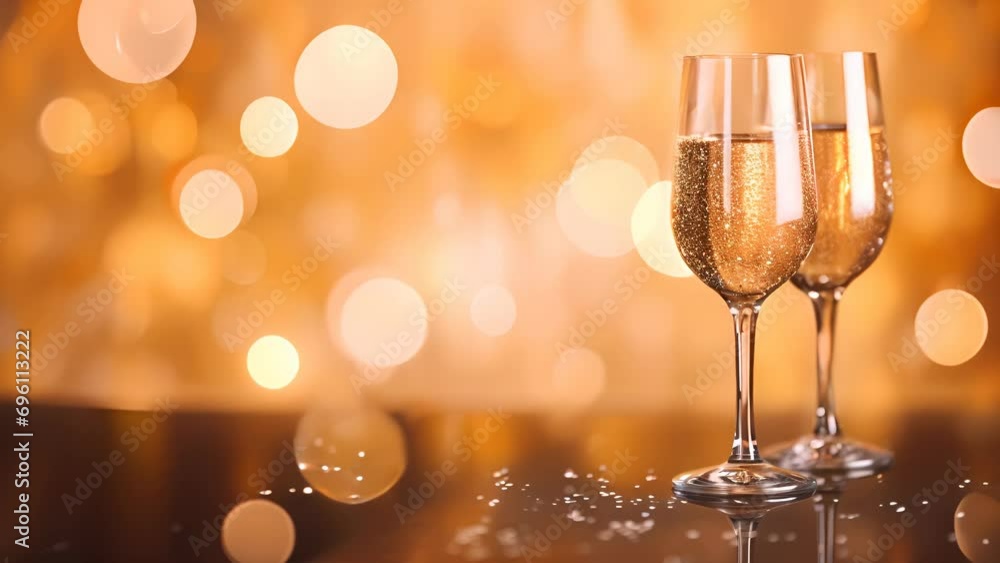 Celebratory Champagne Toast with Golden Bubbles and Lights with Copy Space - Looping Celebratory Champagne Toast with Golden Bubbles and Lights with Copy Space - Looping