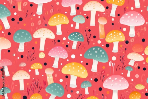 Watercolor illustrations of forest mushrooms pattern: fly agaric. Dried fly agaric for tea, magical rites on red background 