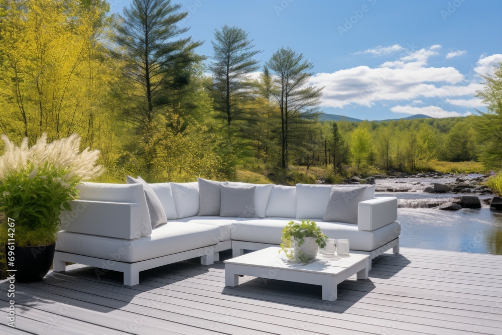 Fototapeta premium Large terrace patio with rattan garden furniture in the garden on wooden floor.