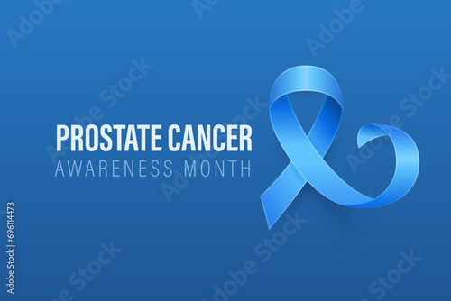 Prostate Cancer Banner, Card, Placard with Vector 3d Realistic Blue Ribbon on Blue Background. Prostate Cancer Awareness Month Symbol Closeup, September. World Prostate Cancer Day Concept