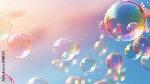 Colorful soap bubbles against a bright sky