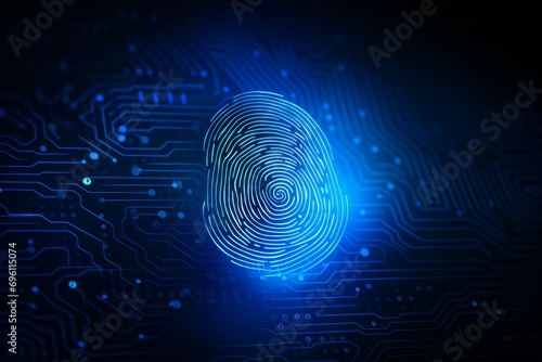 Finger print as evidence of identity and as a password,
Finger print on blue motherboard background photo