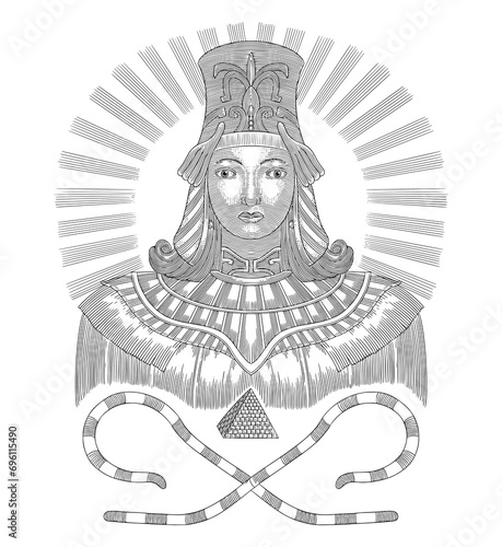 Princess Cleopatra, egyptian goddess, Vintage engraving drawing style illustration