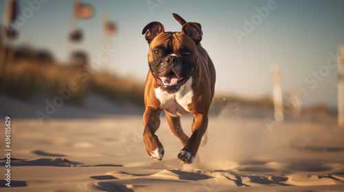 Chien Boxer qui cour sur la plage photo