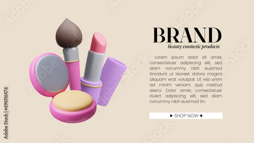3D beauty makeup cosmetics website background template. Colorful decorative cosmetic products 3D cartoon style advertising scene showcase mockup. Compact powder, makeup brush and lipstick 3D render.