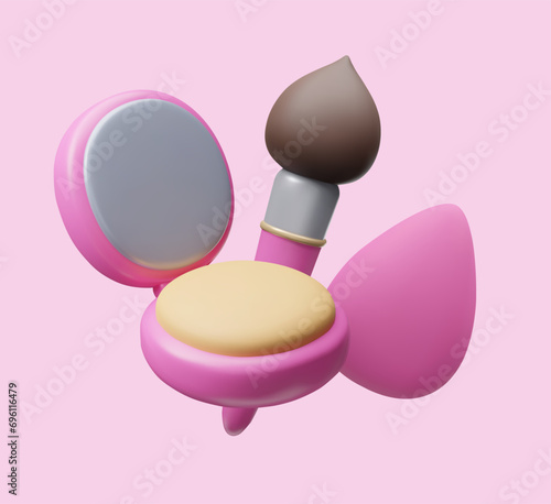 Cute cartoon style 3D beauty makeup cosmetic advertising scene showcase. Pink compact facial powder palette, makeup brush, egg shape blender vector 3D render. Beauty skincare treatment essentials. © Sertaki