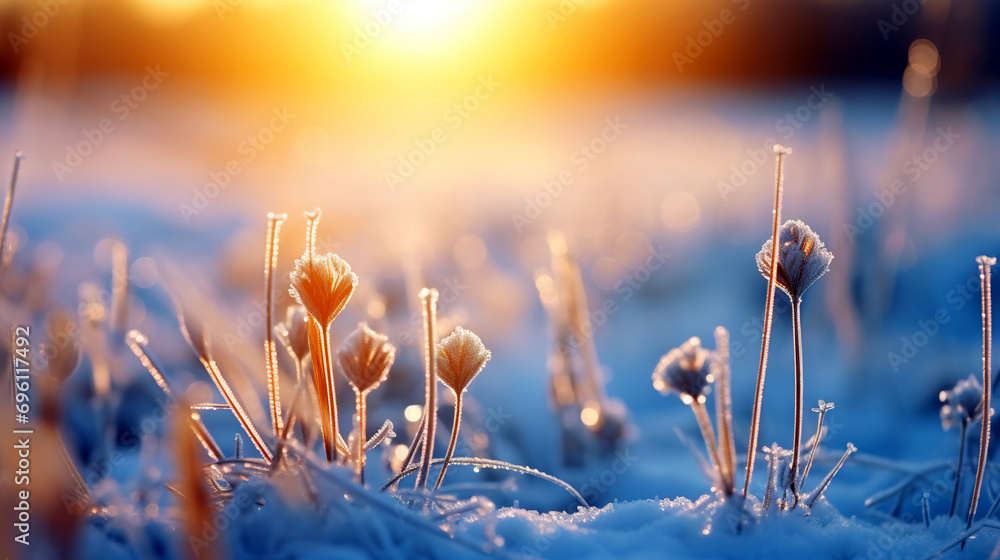 Winter Dawn: Frost-Cloaked Flora and Glistening Snow - obrazy, fototapety, plakaty 