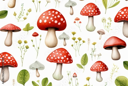 Seamless watercolor pattern of mushrooms. Russula, fly agaric, chanterelles, toadstools and snail. Poison mushroom. Botanical design for textile, packaging, wallpaper. photo