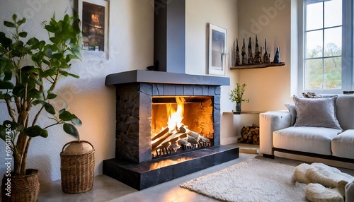 iving room with a fireplace installed photo
