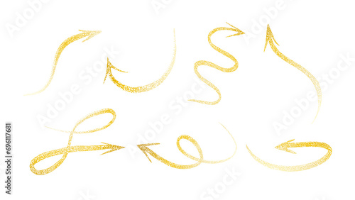 A set of gold grunge arrow symbols. A directional indicator or growth symbol. Vector illustration on transparent background