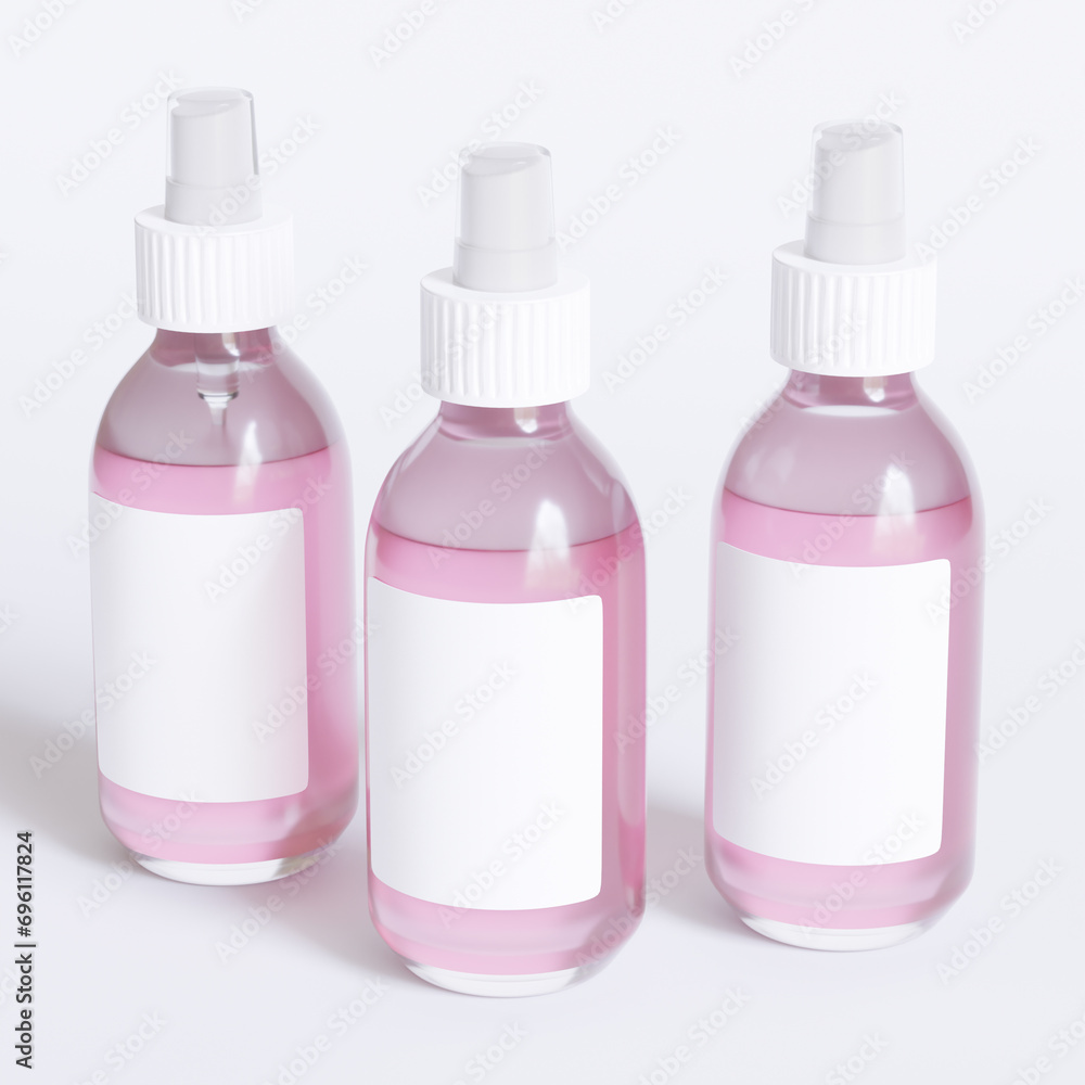 Glass bottle cosmetic rendering 3D software illustration with label and white color realistic texture Glass bottle cosmetic rendering 3D software illustration with label and white color realistic texture