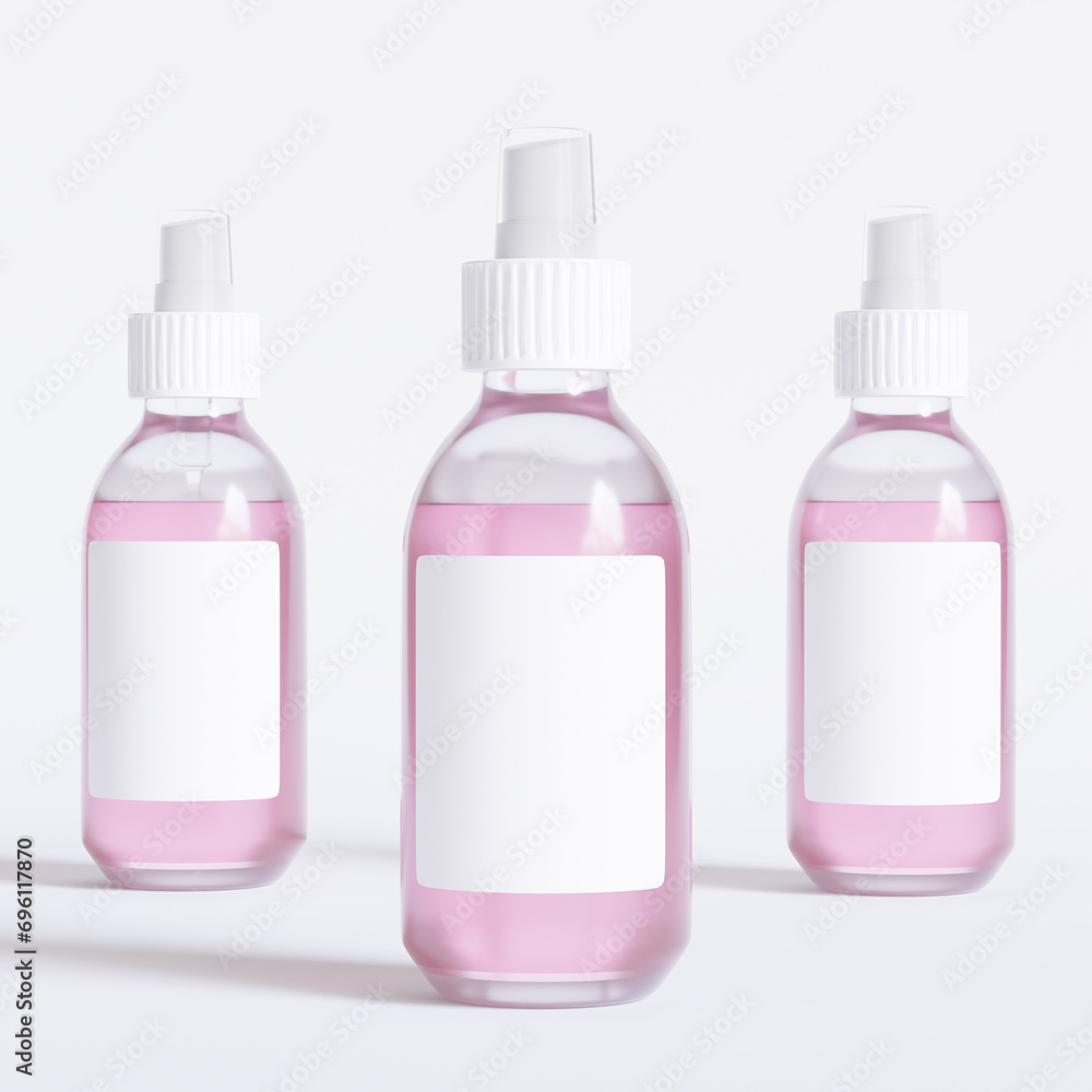 Glass bottle cosmetic rendering 3D software illustration with label and white color realistic texture Glass bottle cosmetic rendering 3D software illustration with label and white color realistic texture