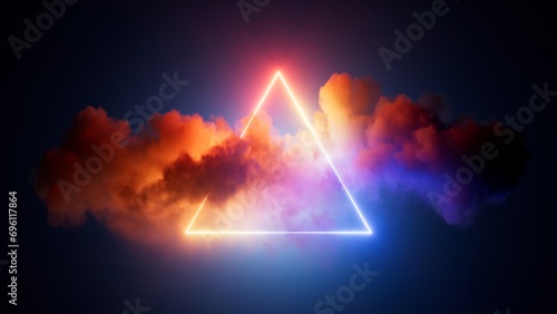 3d render, abstract geometric background of neon linear triangle inside the illuminated colorful cloud, futuristic minimalist wallpaper