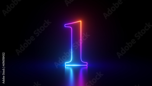 3d render, abstract linear neon number one, glowing digit isolated on black background photo