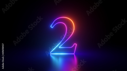 3d render, abstract linear neon number two, glowing digit isolated on black background photo