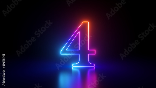 Fotografía 3d render, abstract linear neon number four, glowing digit isolated on black bac