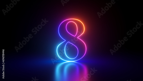 Bild auf Leinwand 3d render, abstract linear neon number eight, glowing digit isolated on black ba