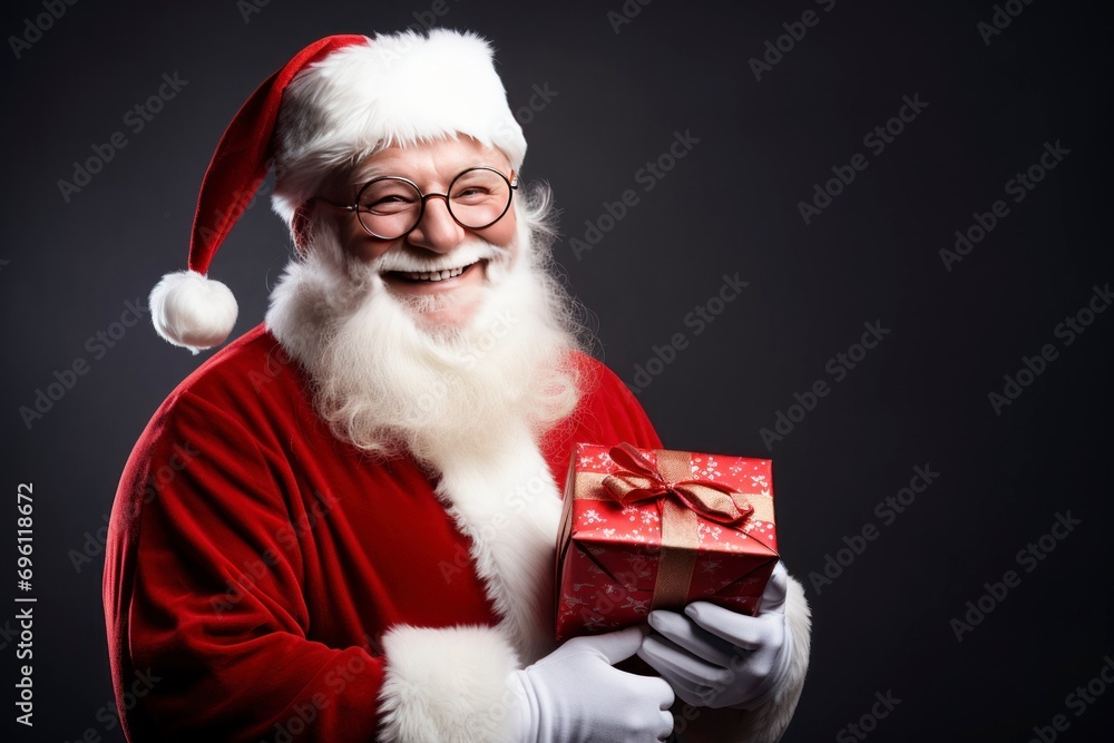 Naklejka premium Portrait santa claus smiling with sunglasses and a gift in his hands, copy space with generative ai