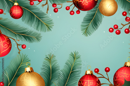 christmas  frame with branches of christmas tree and christams balls photo