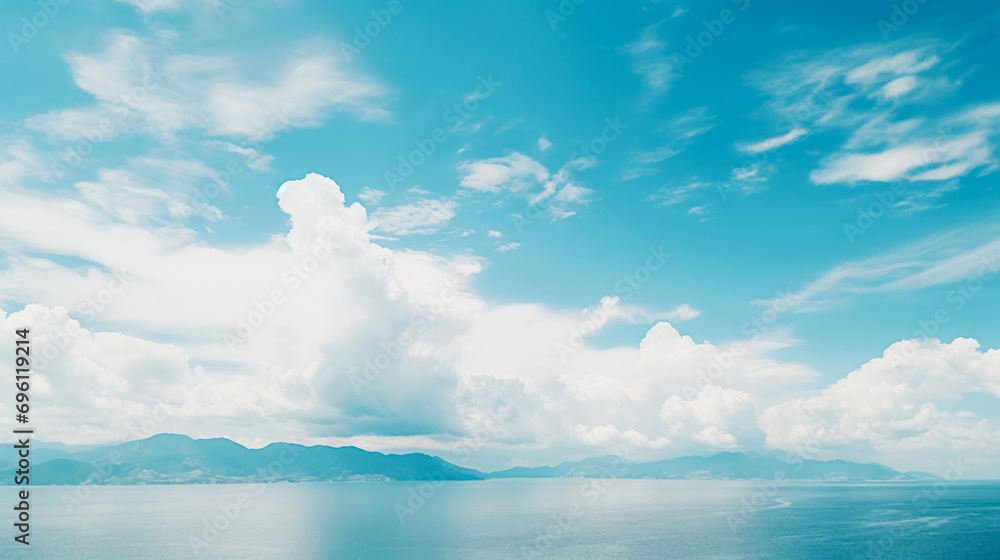 Serene seascape with fluffy white clouds in a blue sky over calm sea waters and distant mountains.