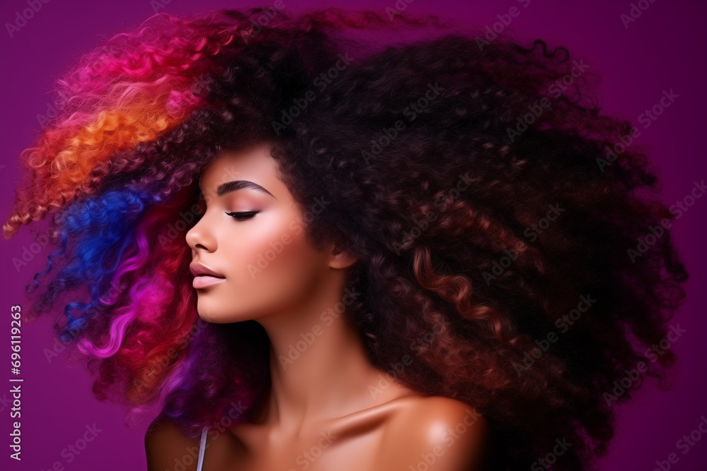Fototapeta premium Beautiful portrait of a afrowoman with beautiful hair on a multicolor background