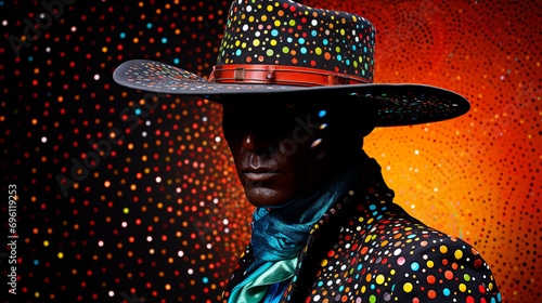 stunning photo of a space cowboy, on a black background, vibrant large format film::1 Abstract Surreal Colorful Silhouette , Pop art pointillism illustration, retro-futurism photo