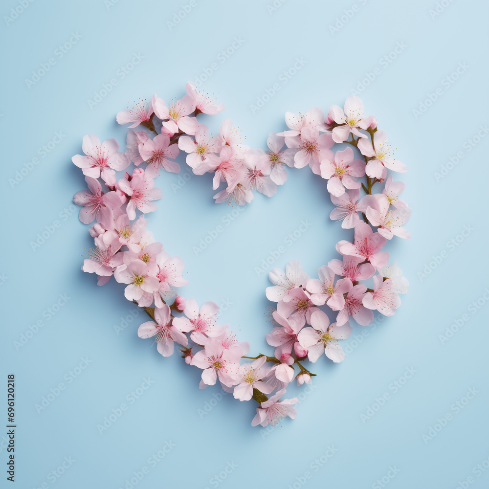 Spring, pink, flowers on pastel blue background. Symbol of Valentine's Day. Illustration. Generative AI.