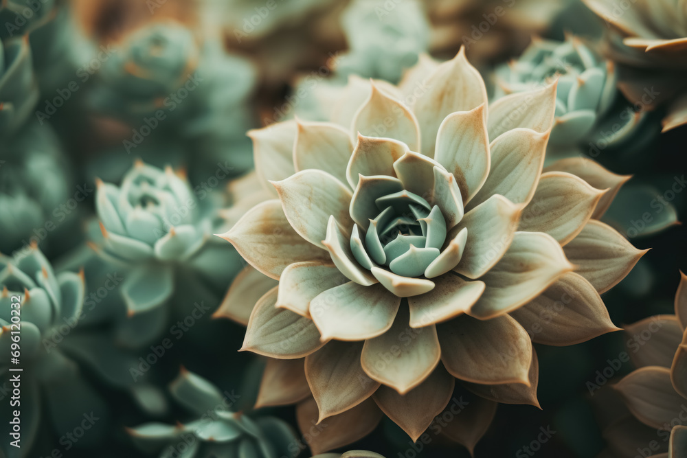 Close-up of a succulent plant with layered petals in shades of green and brown. Close-up of a succulent plant with layered petals in shades of green and brown.