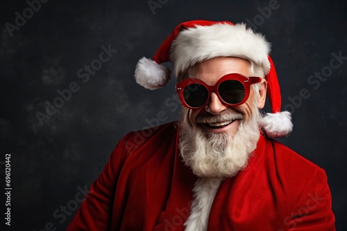 Portrait santa claus smiling with sunglasses and a gift in his hands, copy space with generative ai