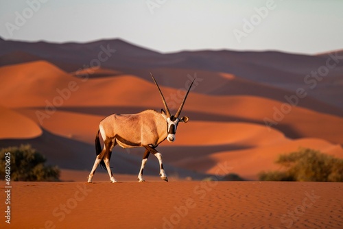 An oryx antelope strides elegantly in front of the red sand dunes of the Namib Desert, Sossusvlei region, Namib-Naukluft Park, Namibia, Africa photo