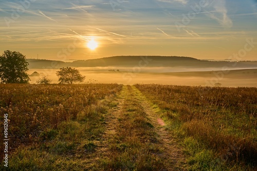 Landscape, country lane, fields, fog, sunrise, Hoehefeld, Wertheim, Baden-Wuerttemberg, Germany, Europe photo