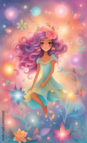 Little princess illustration. Floral frame. Baby Background. Wallpaper for girls. Fairytale princess.